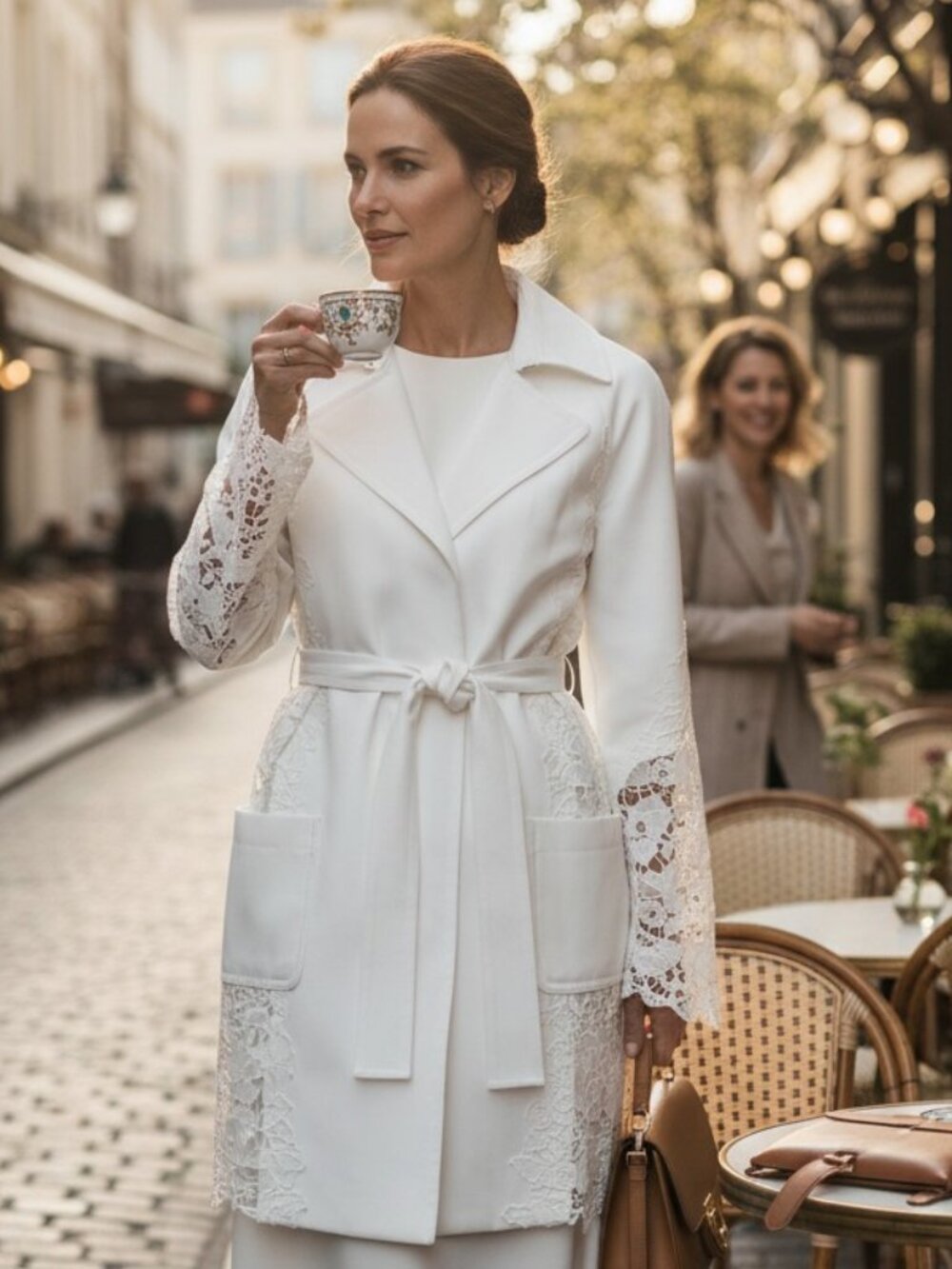 Elie Tahari White Floral Lace Knee Length Trench Coat Designer Spring Size Med